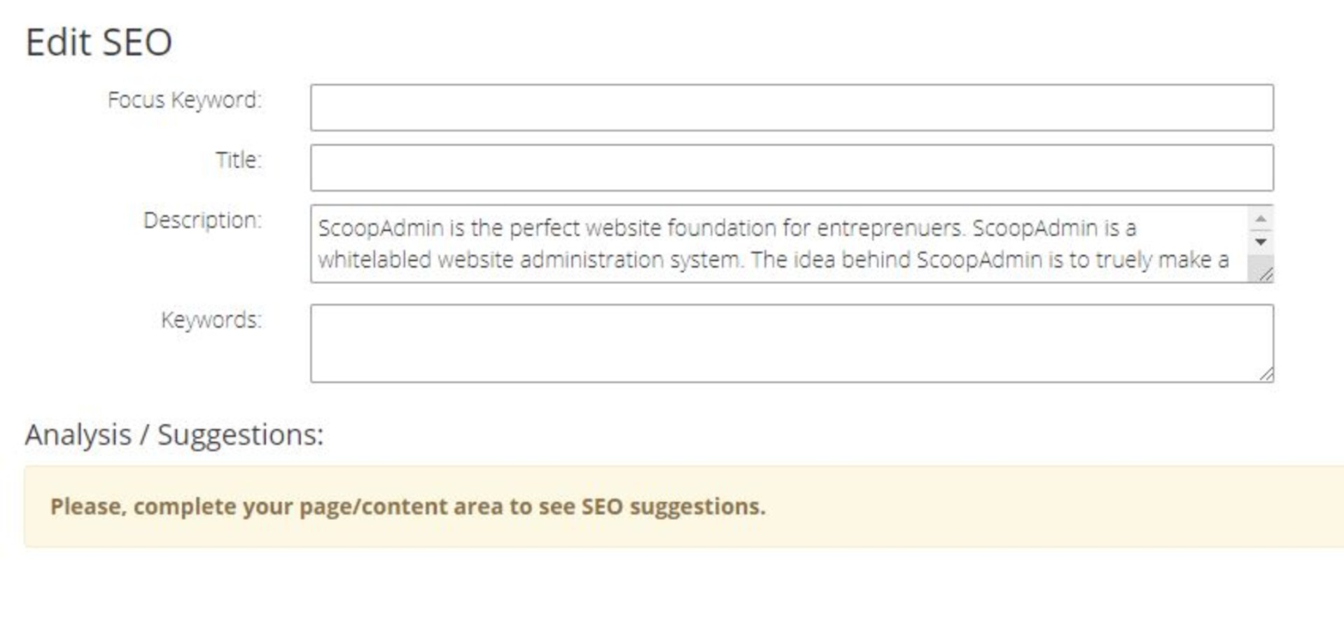 Image of SEO form in software.